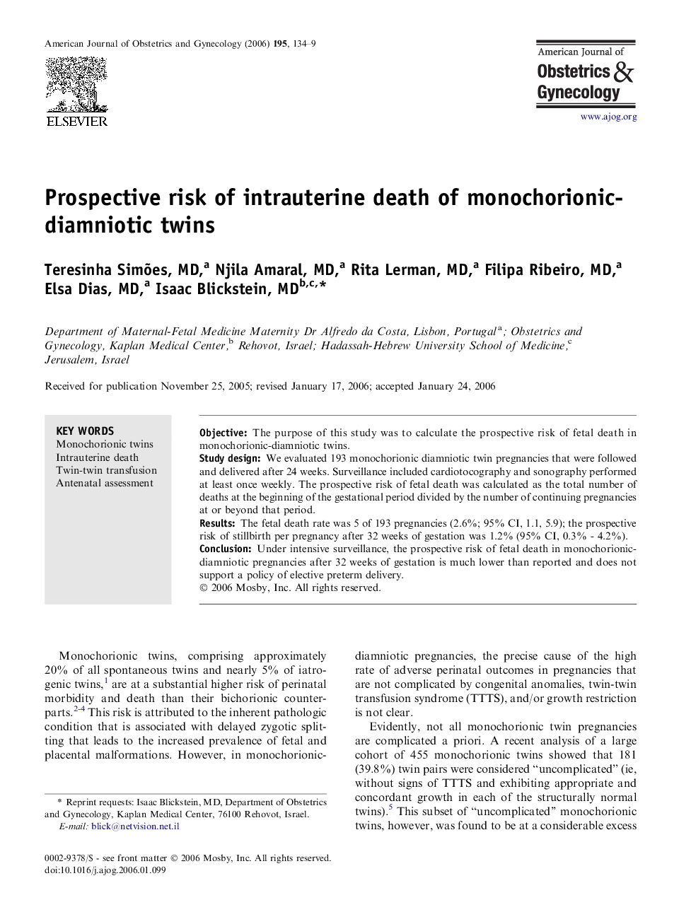 Prospective risk of intrauterine death of monochorionic-diamniotic twins