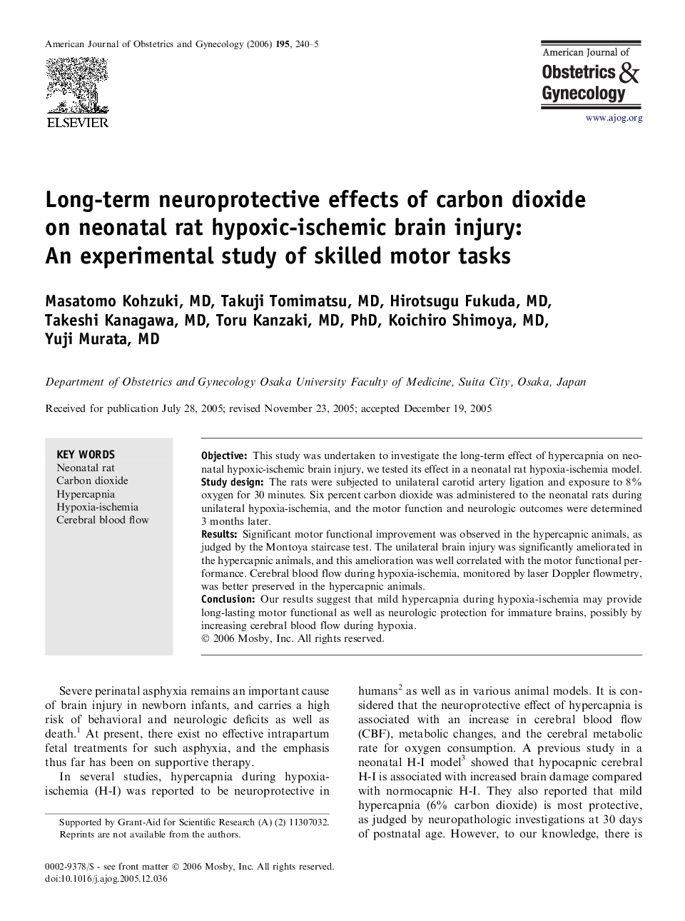 Long-term neuroprotective effects of carbon dioxide on neonatal rat hypoxic-ischemic brain injury: An experimental study of skilled motor tasks 