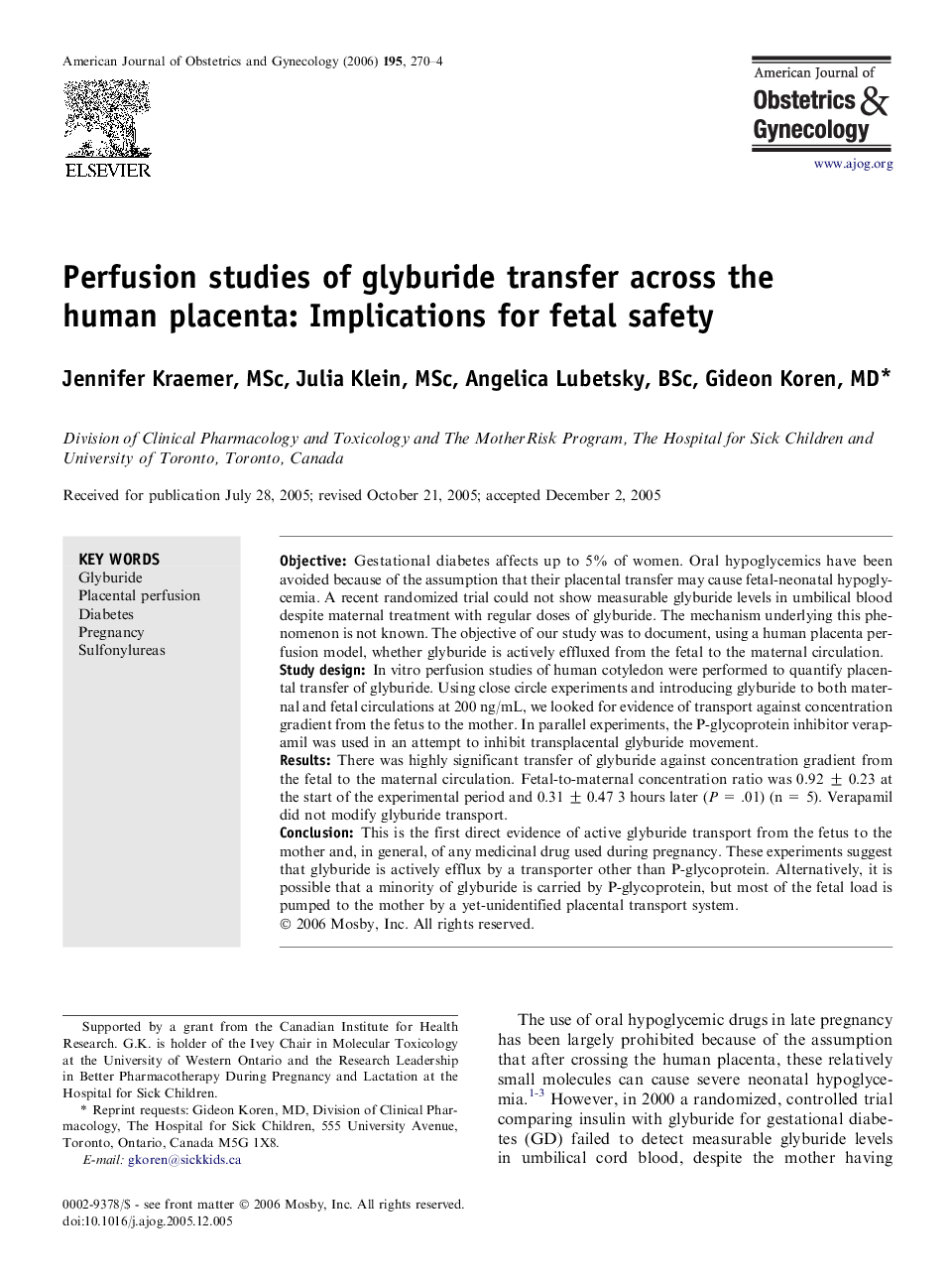 Perfusion studies of glyburide transfer across the human placenta: Implications for fetal safety 