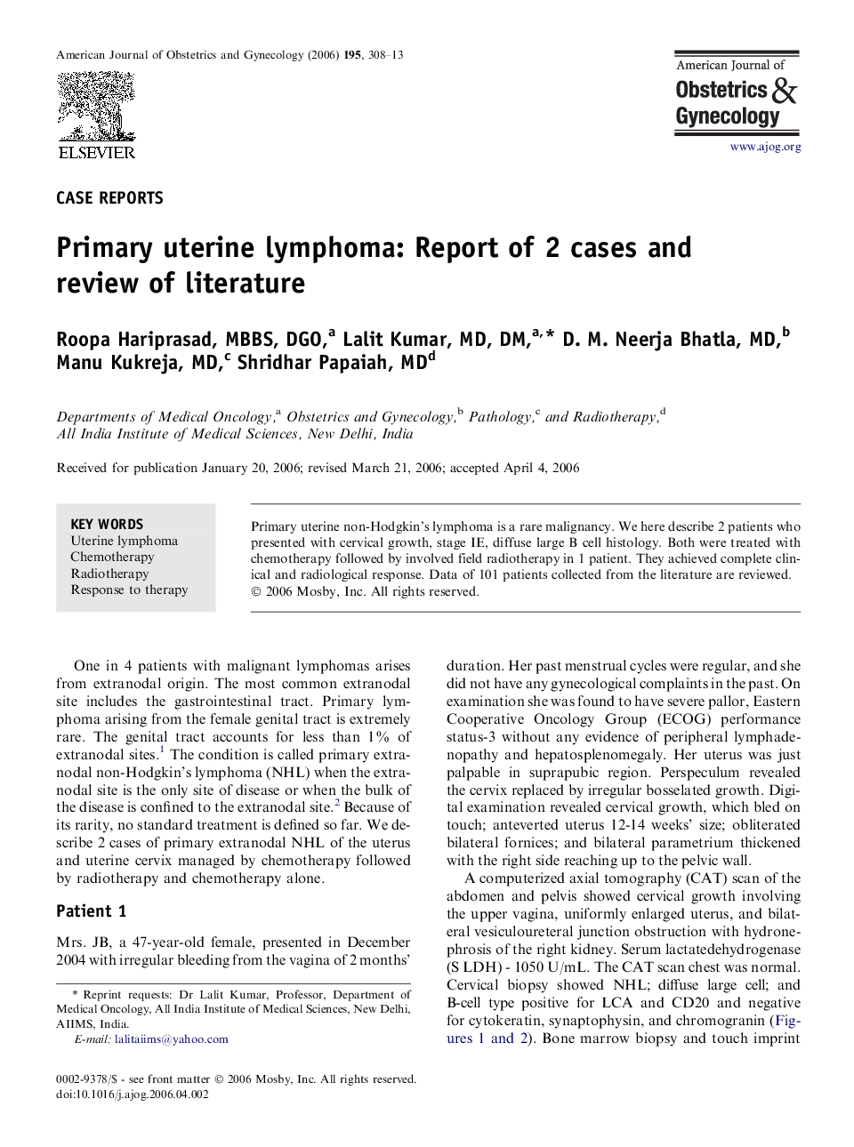 Primary uterine lymphoma: Report of 2 cases and review of literature