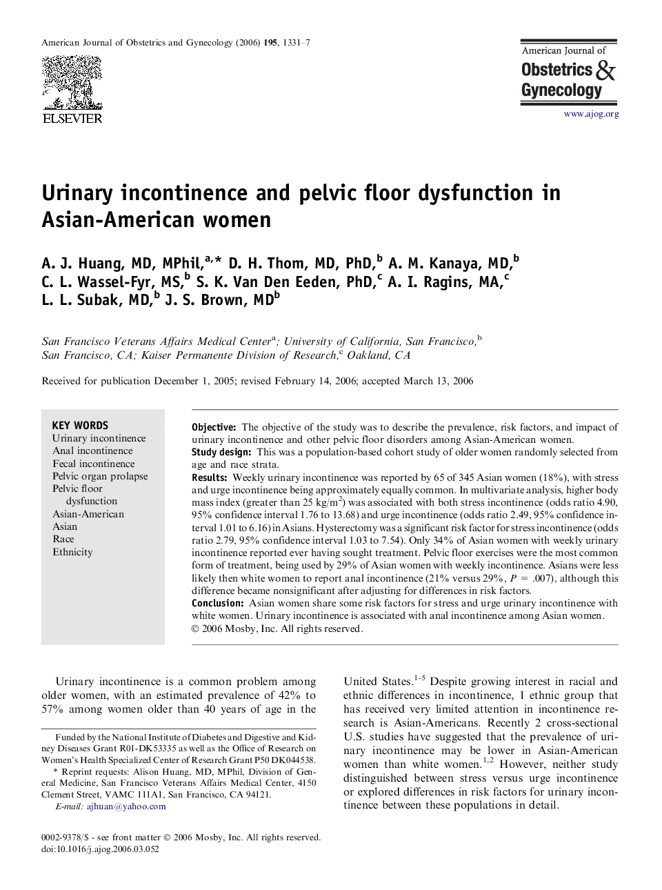 Urinary incontinence and pelvic floor dysfunction in Asian-American women 