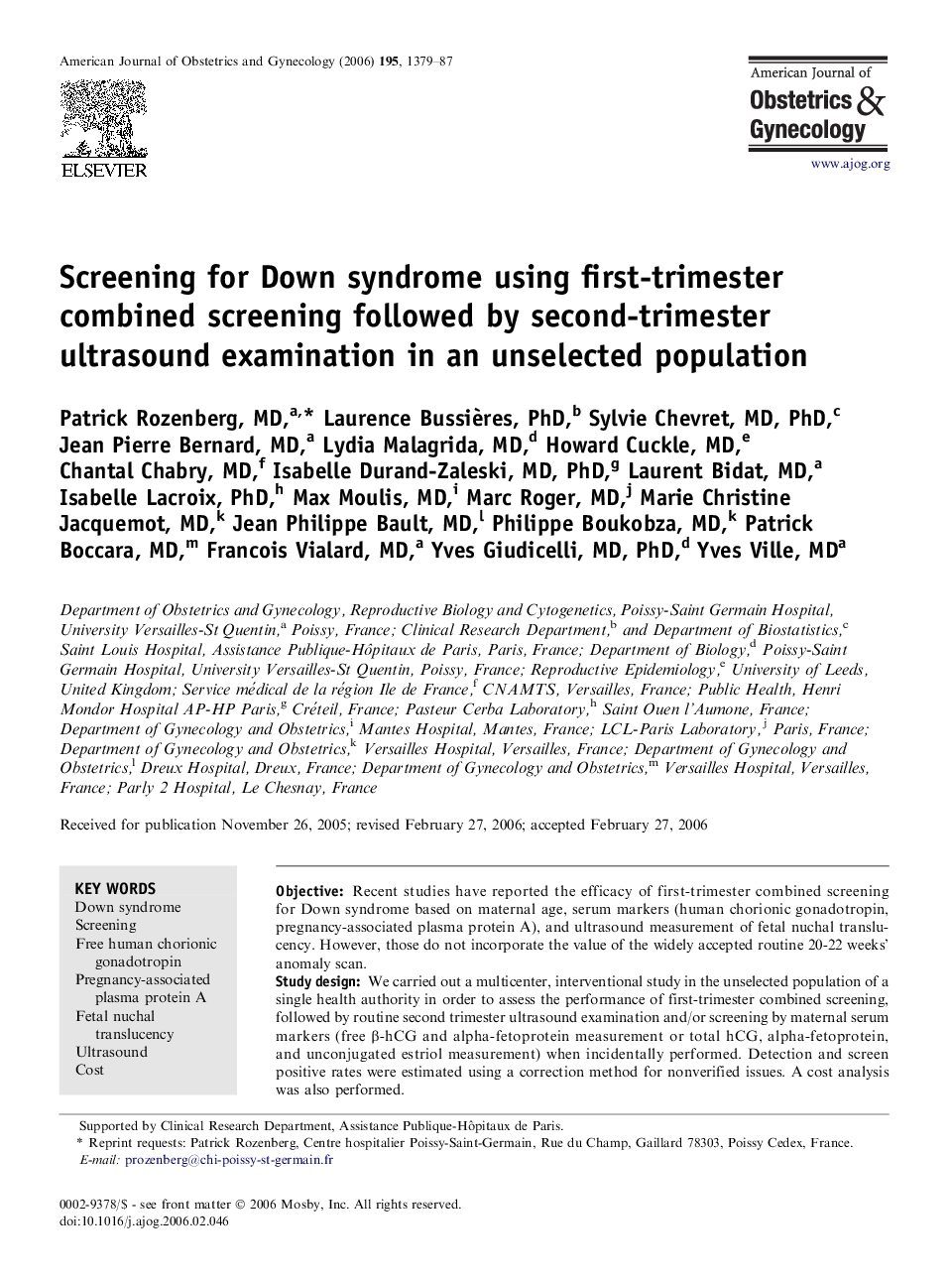 Screening for Down syndrome using first-trimester combined screening followed by second-trimester ultrasound examination in an unselected population 