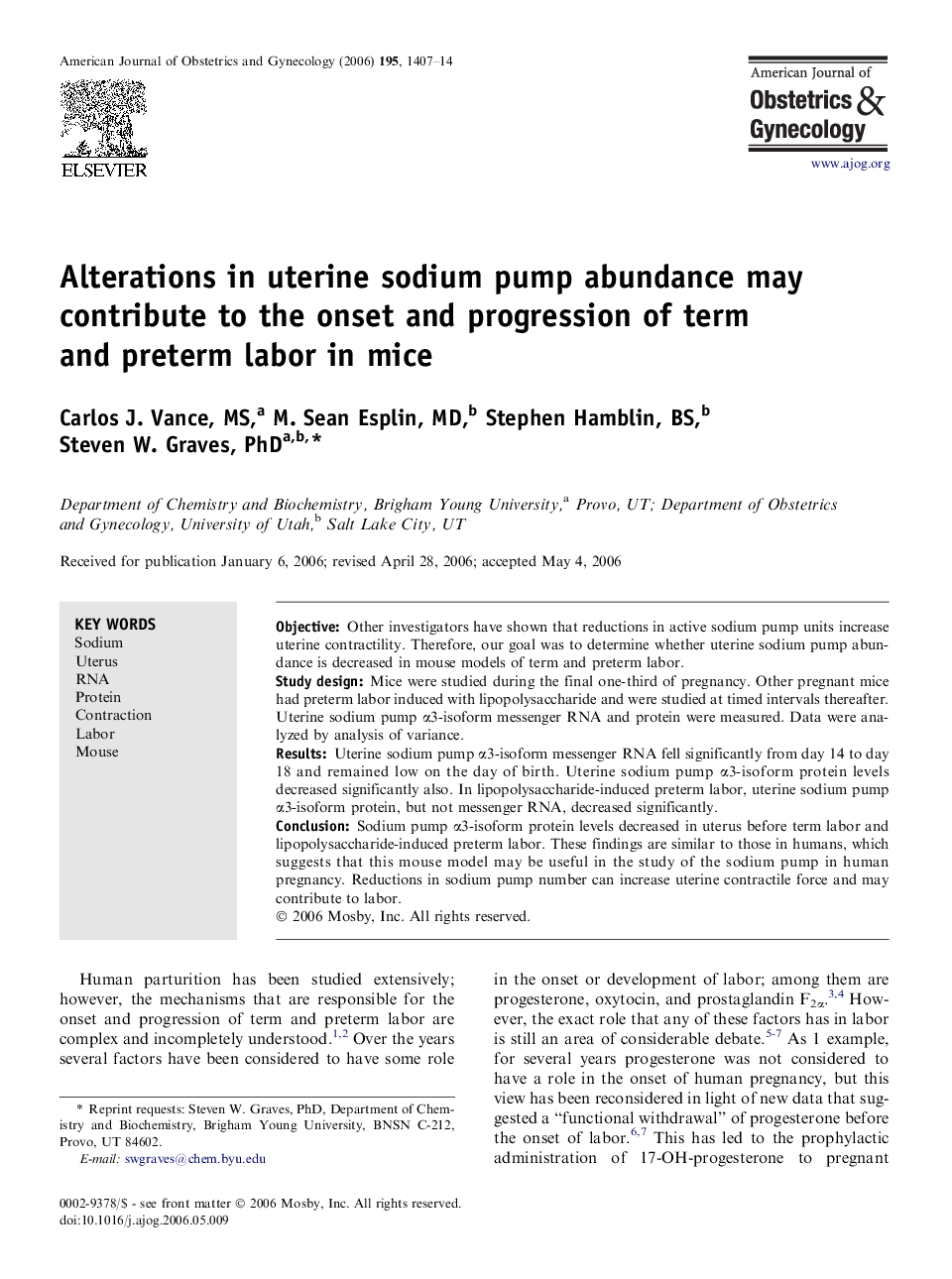 Alterations in uterine sodium pump abundance may contribute to the onset and progression of term and preterm labor in mice