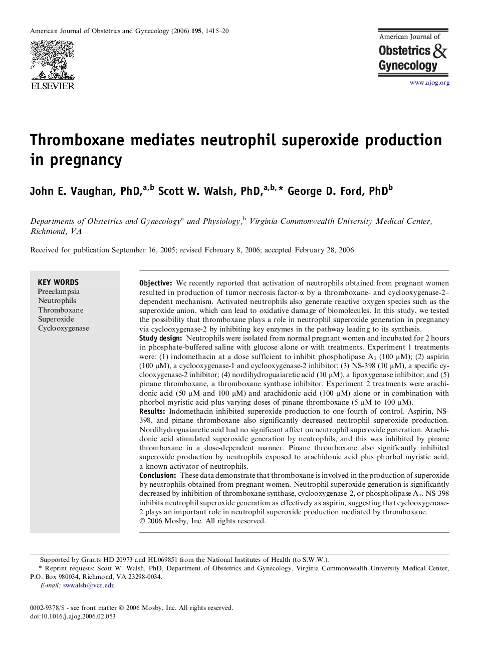 Thromboxane mediates neutrophil superoxide production in pregnancy 