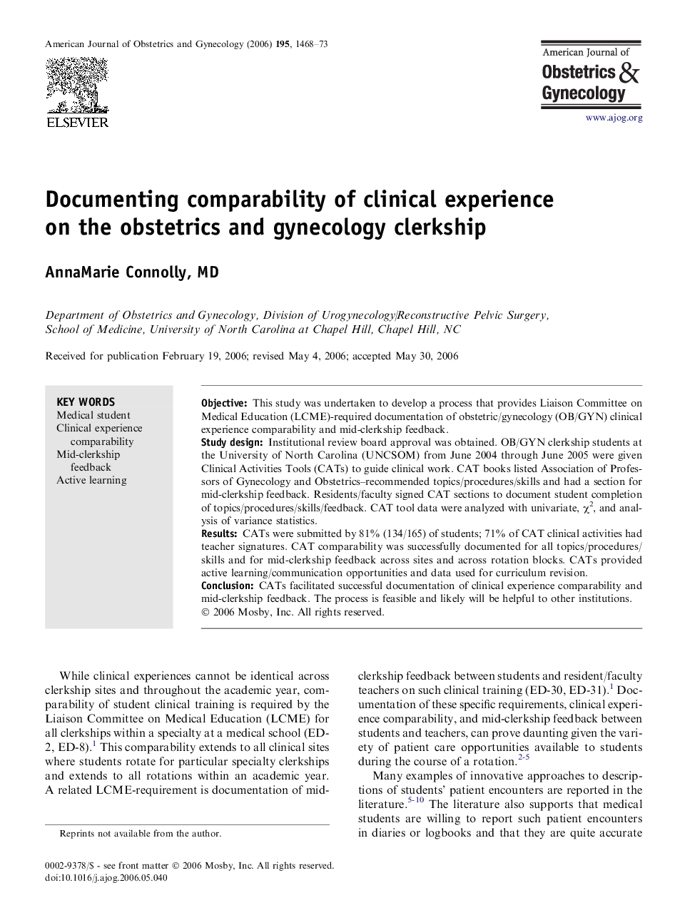 Documenting comparability of clinical experience on the obstetrics and gynecology clerkship 