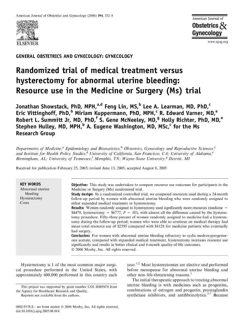 Randomized trial of medical treatment versus hysterectomy for abnormal uterine bleeding: Resource use in the Medicine or Surgery (Ms) trial 