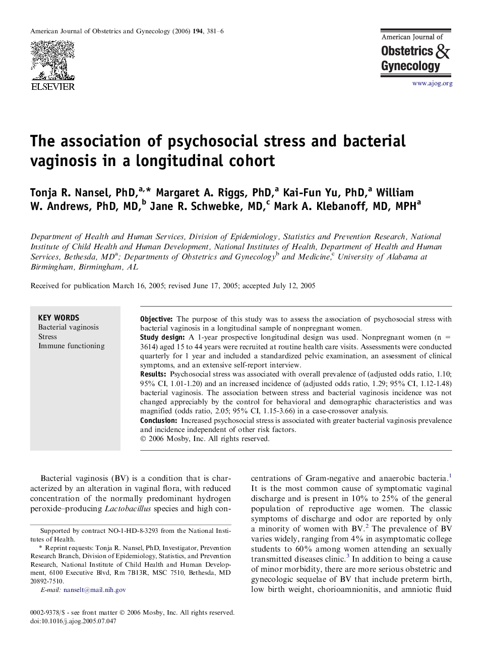 The association of psychosocial stress and bacterial vaginosis in a longitudinal cohort 