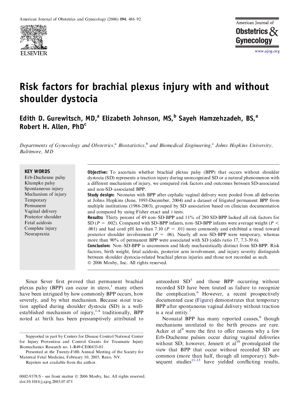 Risk factors for brachial plexus injury with and without shoulder dystocia 