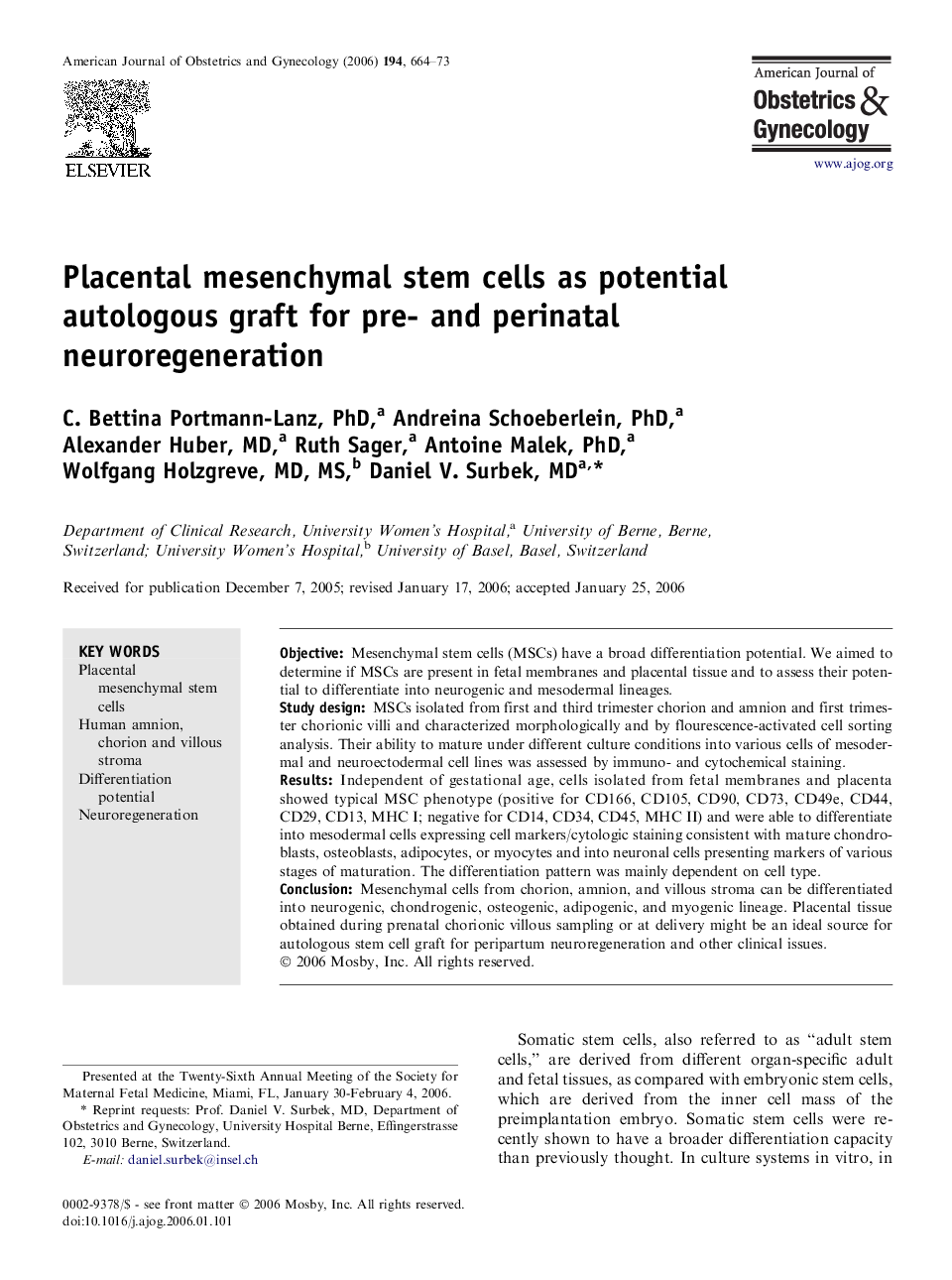 Placental mesenchymal stem cells as potential autologous graft for pre- and perinatal neuroregeneration 