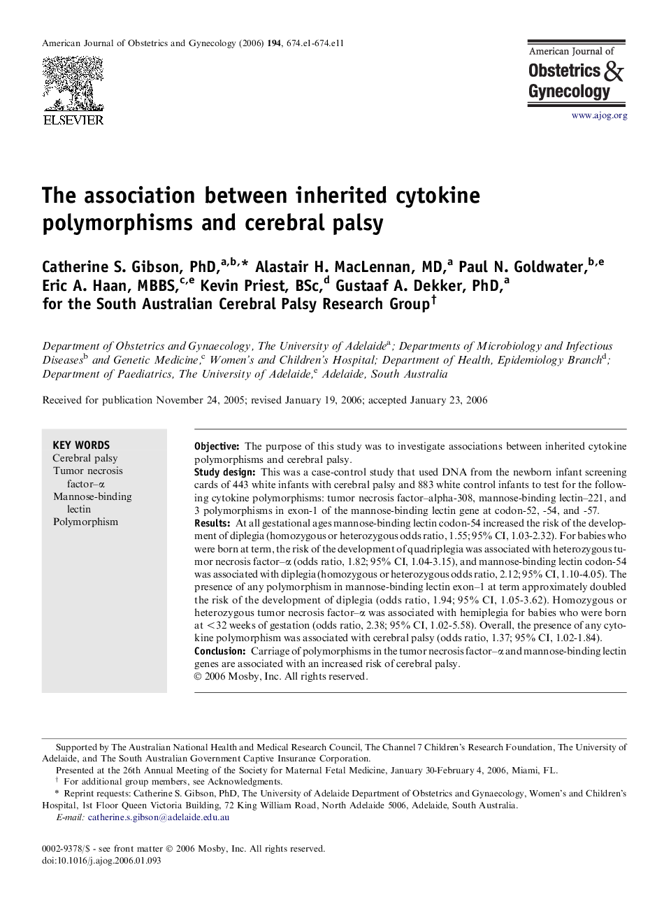 The association between inherited cytokine polymorphisms and cerebral palsy