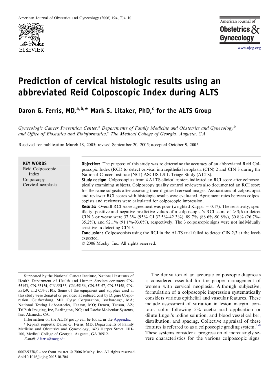 Prediction of cervical histologic results using an abbreviated Reid Colposcopic Index during ALTS 