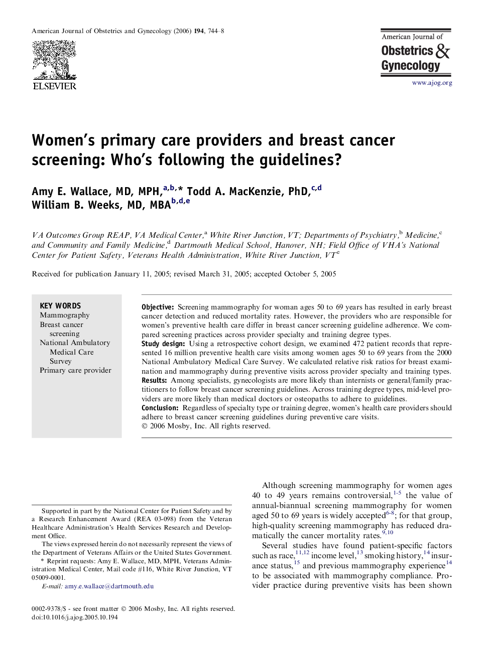 Women's primary care providers and breast cancer screening: Who's following the guidelines? 