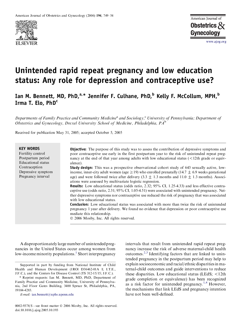 Unintended rapid repeat pregnancy and low education status: Any role for depression and contraceptive use? 