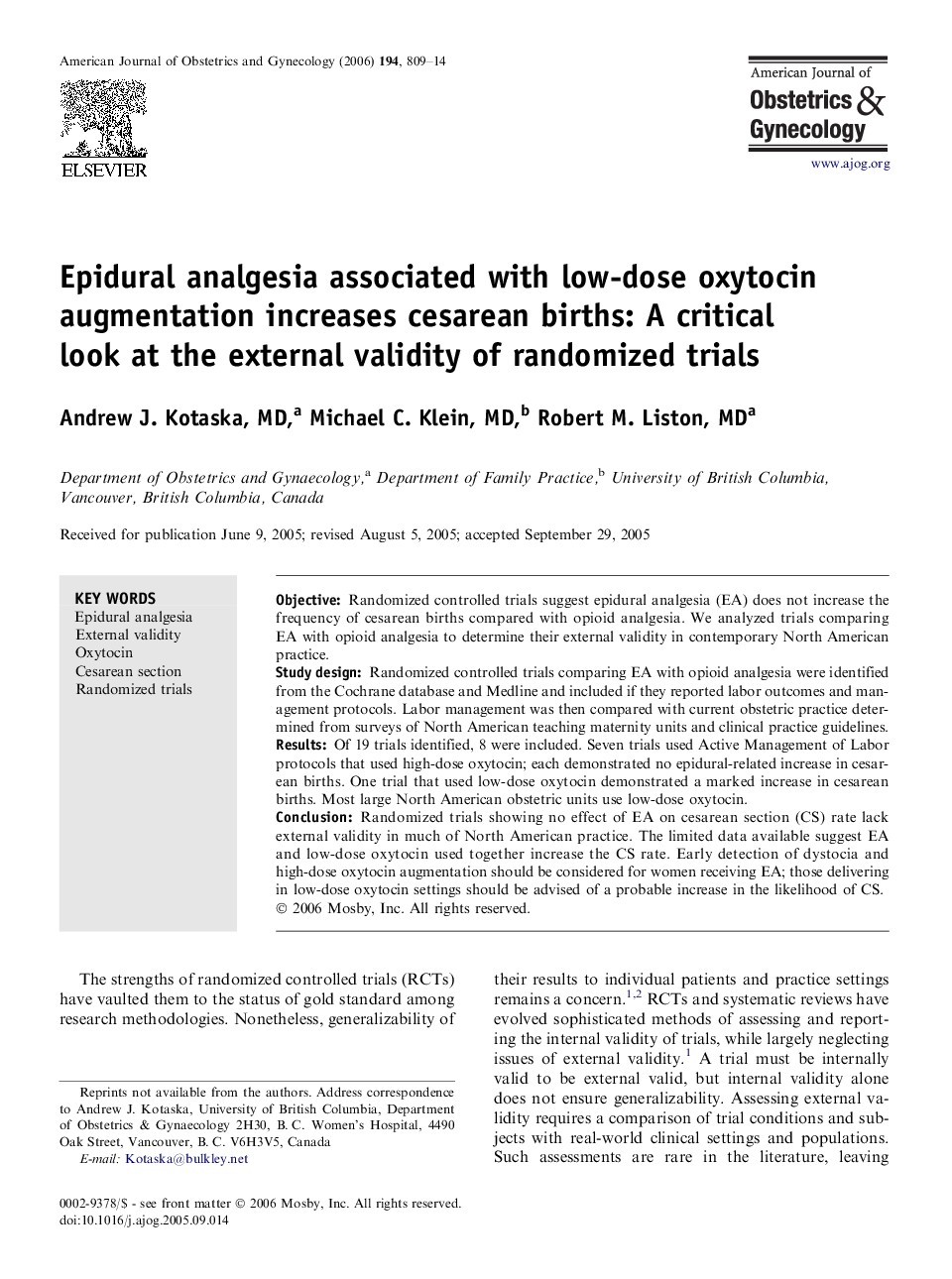 Epidural analgesia associated with low-dose oxytocin augmentation increases cesarean births: A critical look at the external validity of randomized trials 
