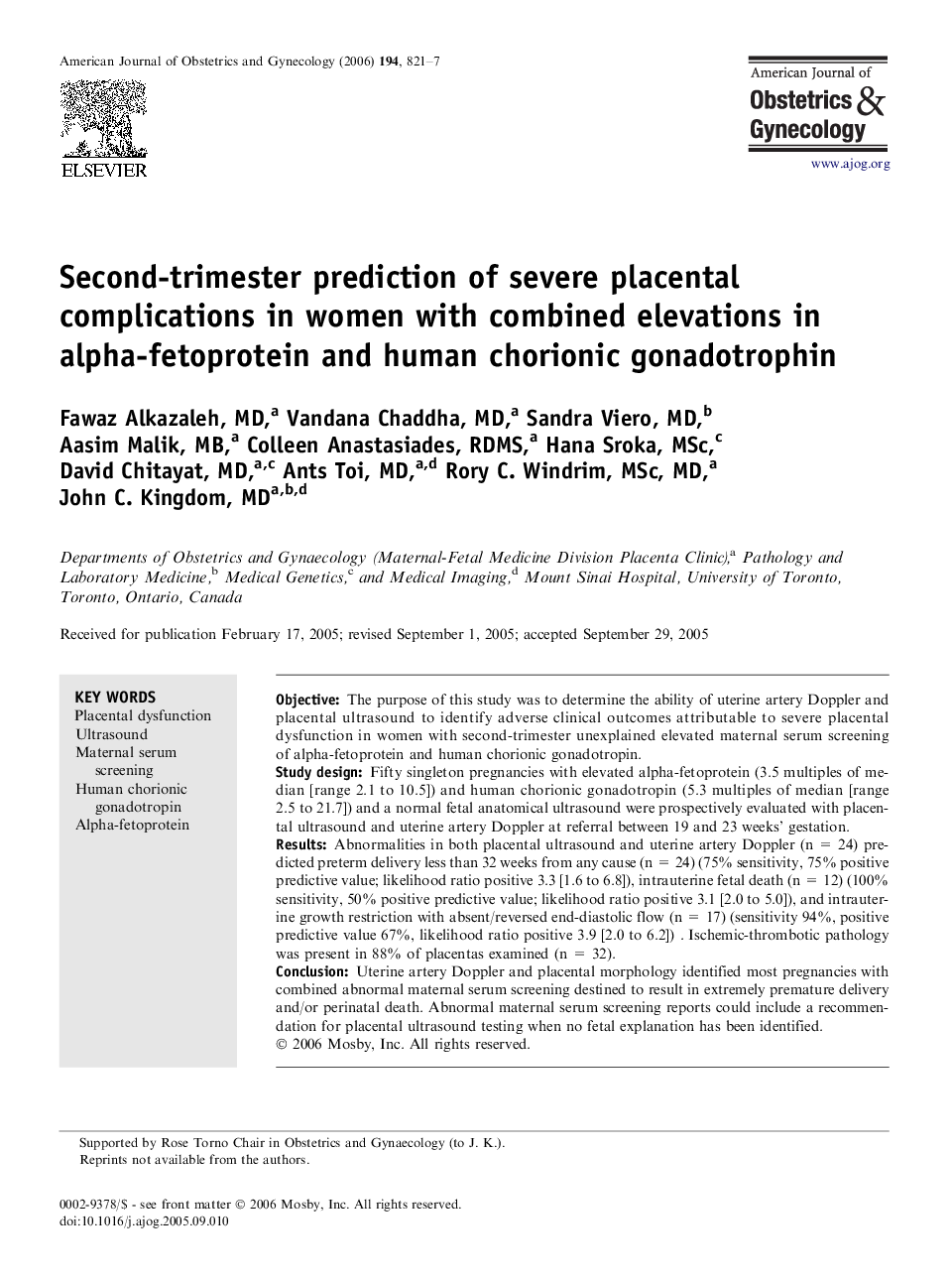 Second-trimester prediction of severe placental complications in women with combined elevations in alpha-fetoprotein and human chorionic gonadotrophin 