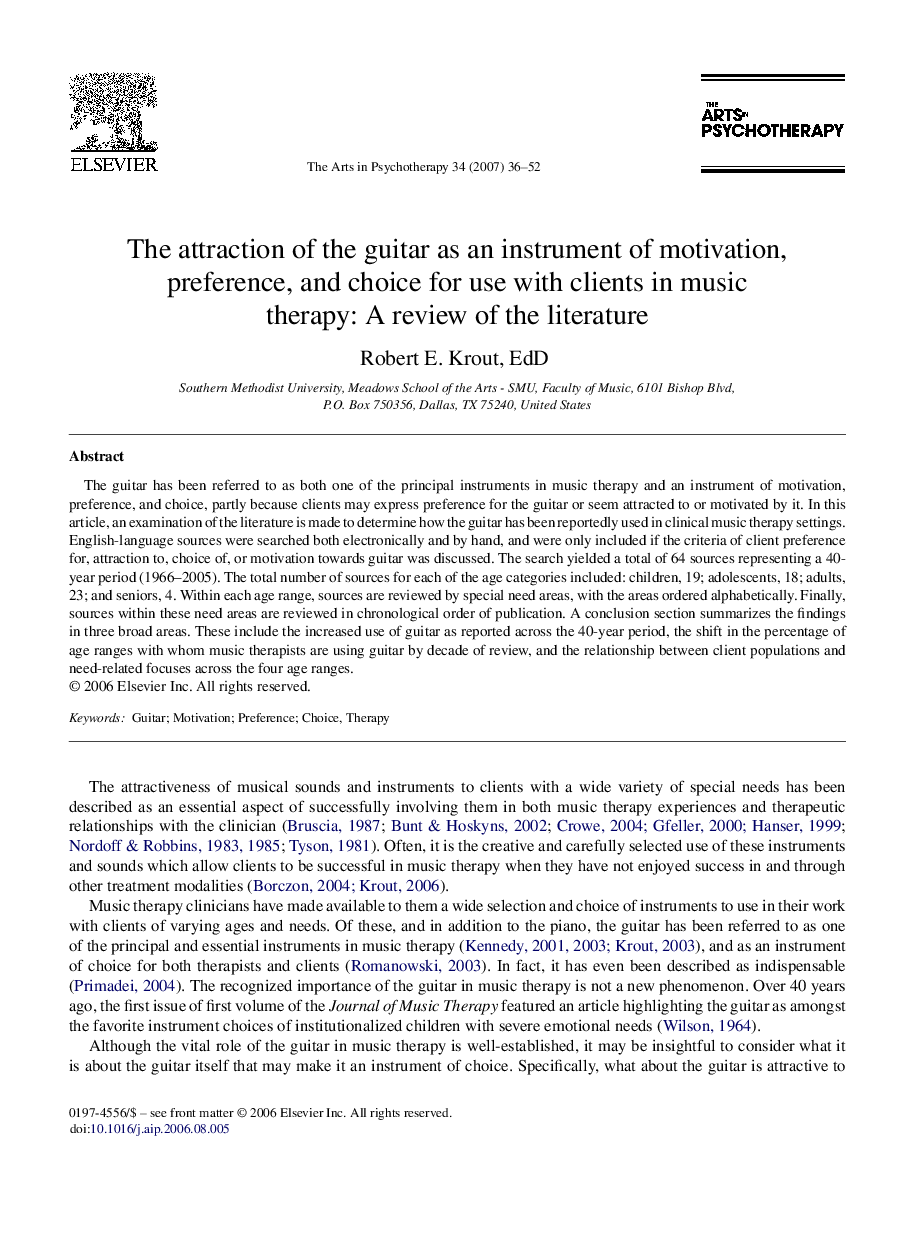 The attraction of the guitar as an instrument of motivation, preference, and choice for use with clients in music therapy: A review of the literature