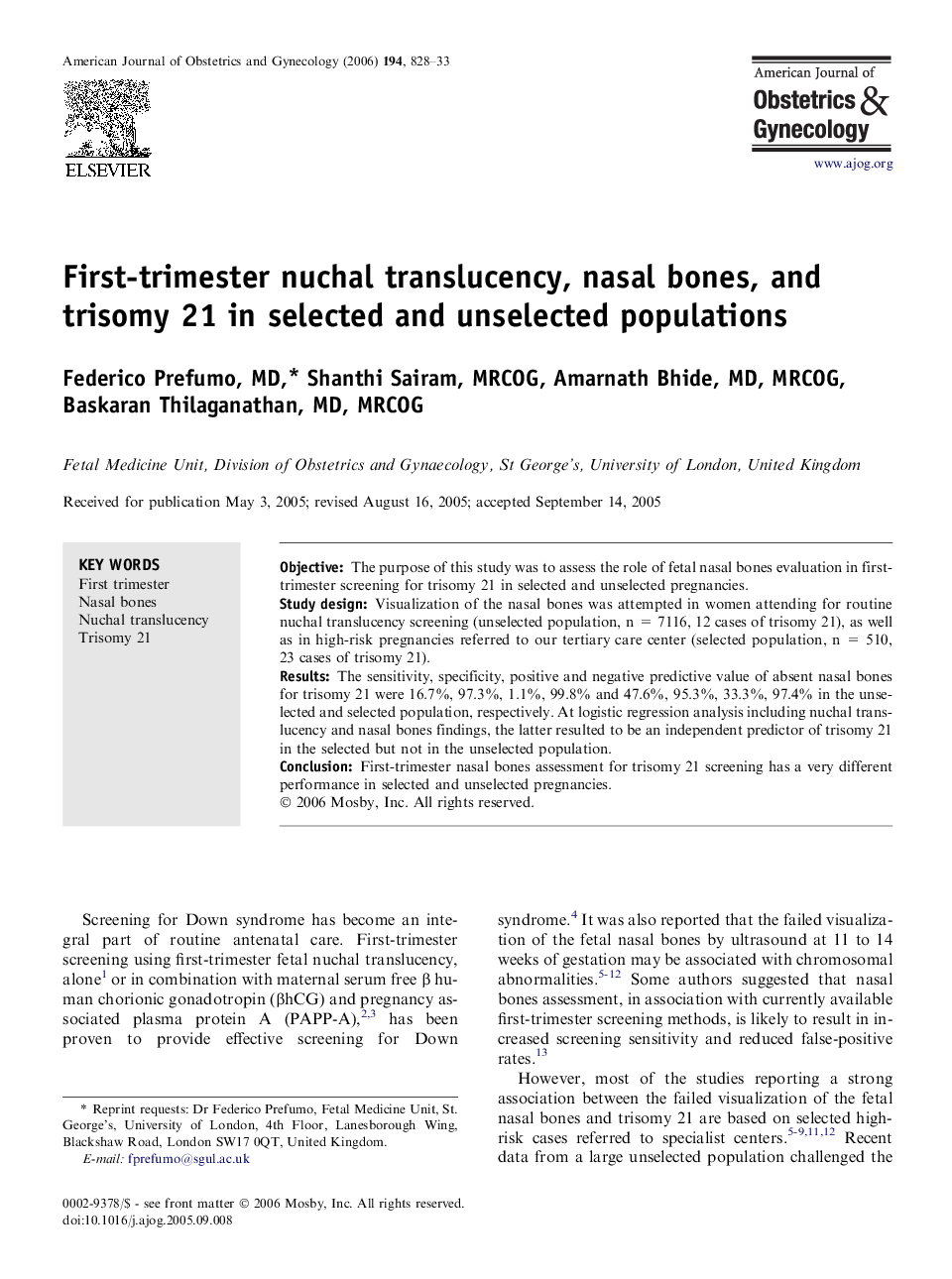 First-trimester nuchal translucency, nasal bones, and trisomy 21 in selected and unselected populations