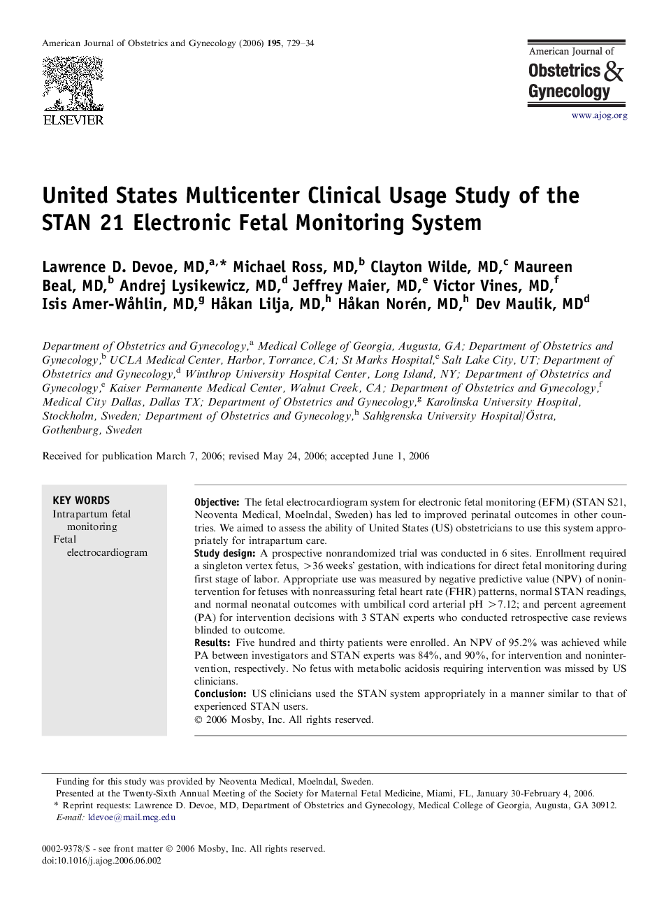 United States Multicenter Clinical Usage Study of the STAN 21 Electronic Fetal Monitoring System 