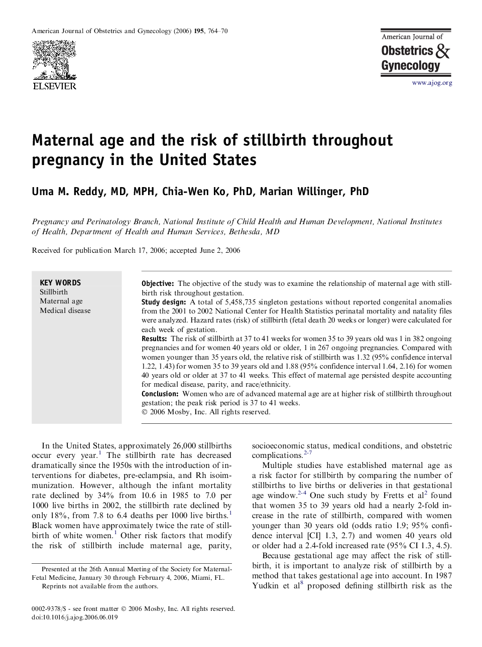 Maternal age and the risk of stillbirth throughout pregnancy in the United States 