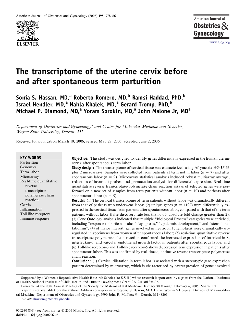 The transcriptome of the uterine cervix before and after spontaneous term parturition 