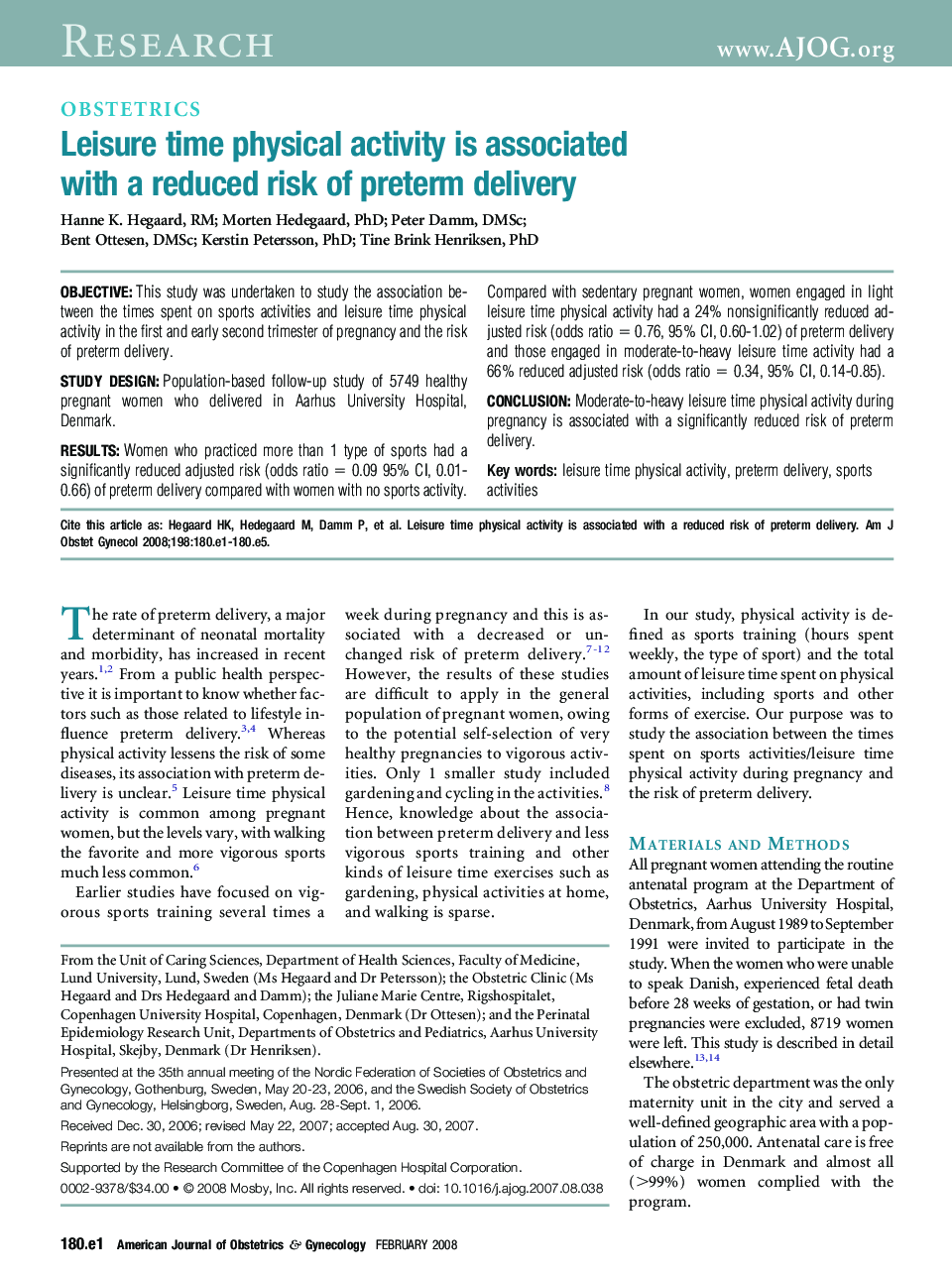 Leisure time physical activity is associated with a reduced risk of preterm delivery