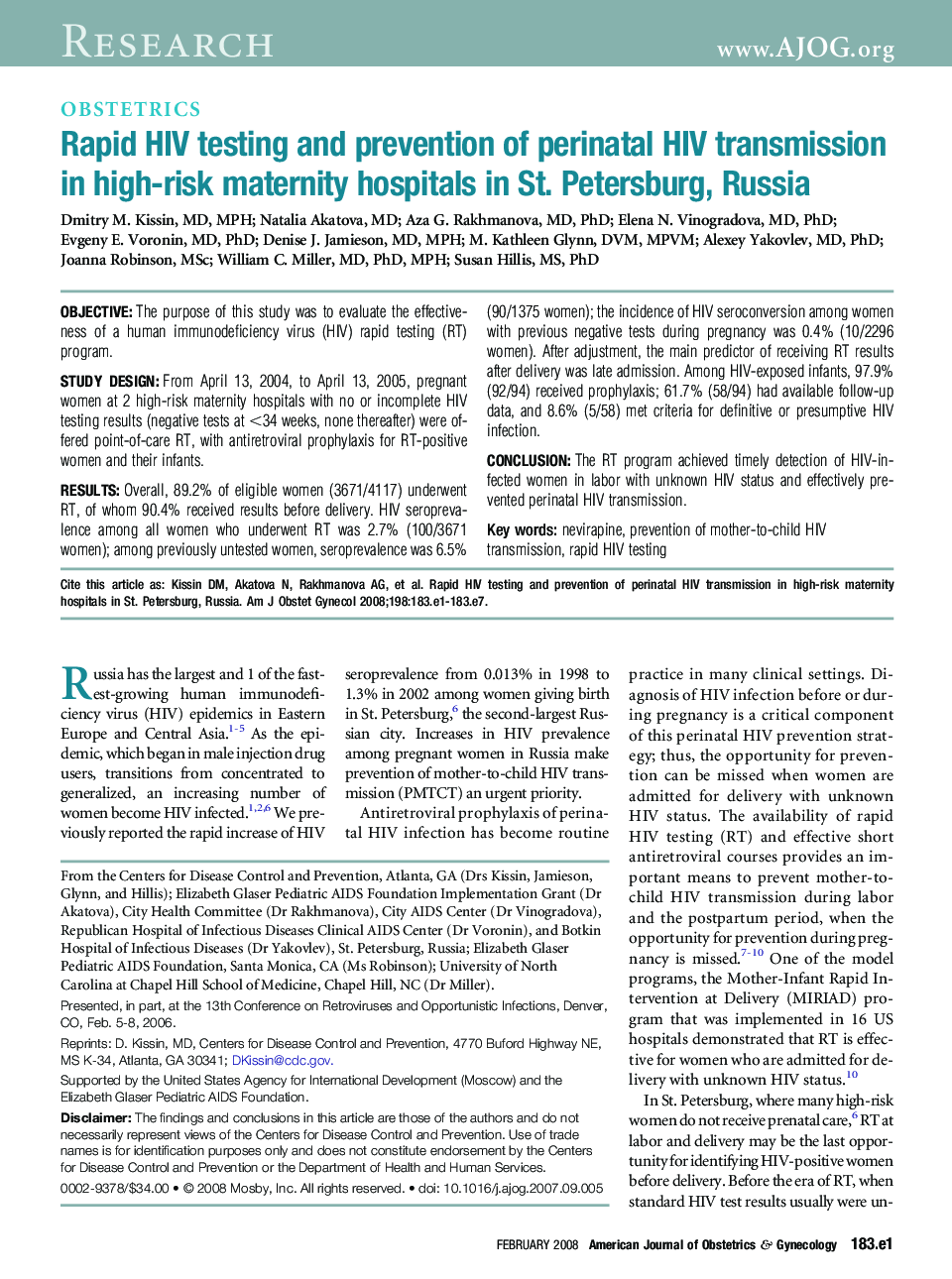 Rapid HIV testing and prevention of perinatal HIV transmission in high-risk maternity hospitals in St. Petersburg, Russia