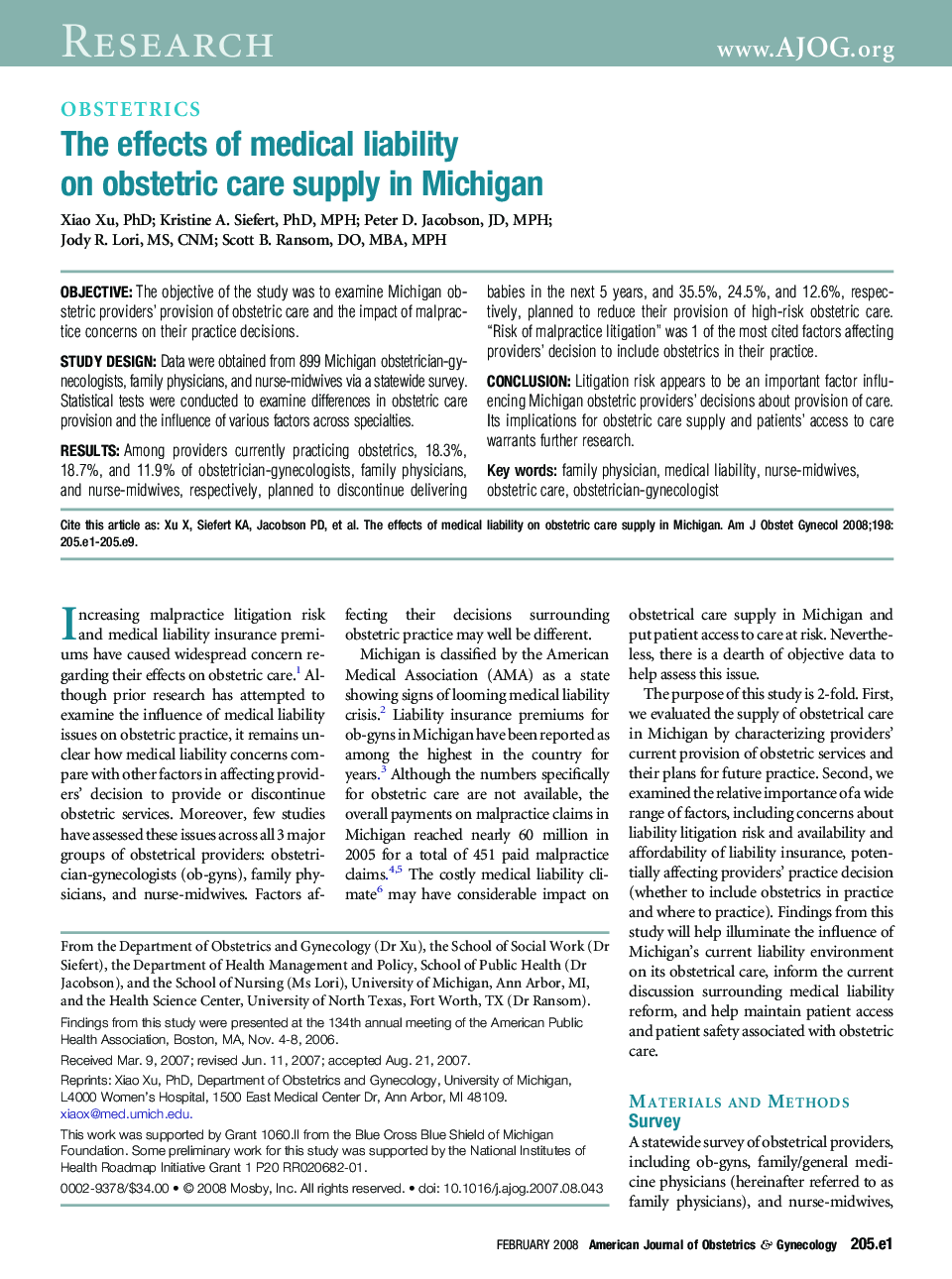 The effects of medical liability on obstetric care supply in Michigan