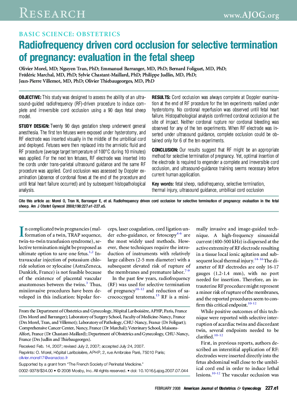 Radiofrequency driven cord occlusion for selective termination of pregnancy: evaluation in the fetal sheep