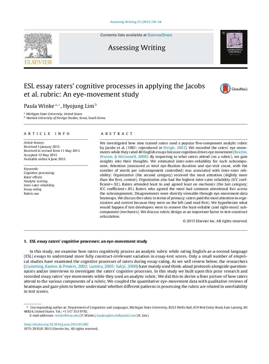 ESL essay raters’ cognitive processes in applying the Jacobs et al. rubric: An eye-movement study