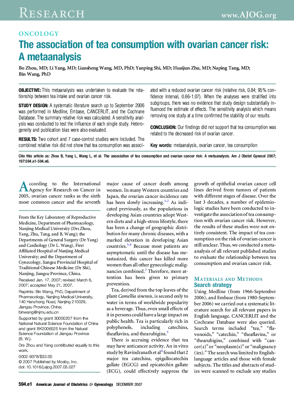 The association of tea consumption with ovarian cancer risk: A metaanalysis