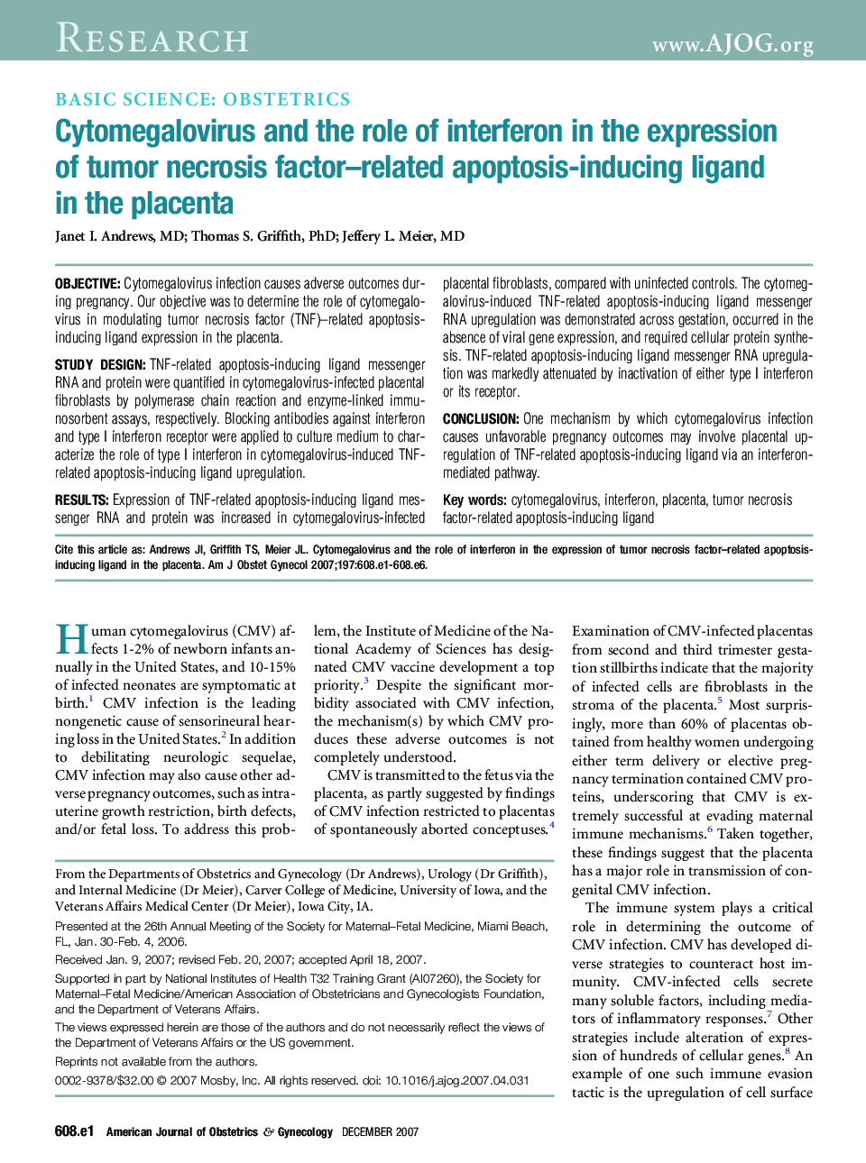 Cytomegalovirus and the role of interferon in the expression of tumor necrosis factor-related apoptosis-inducing ligand in the placenta