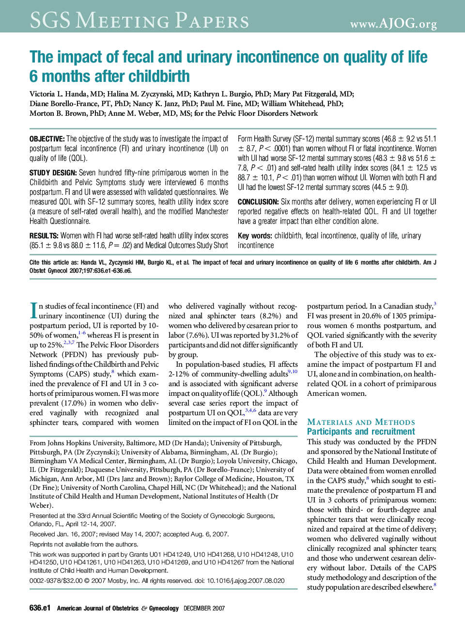 The impact of fecal and urinary incontinence on quality of life 6 months after childbirth