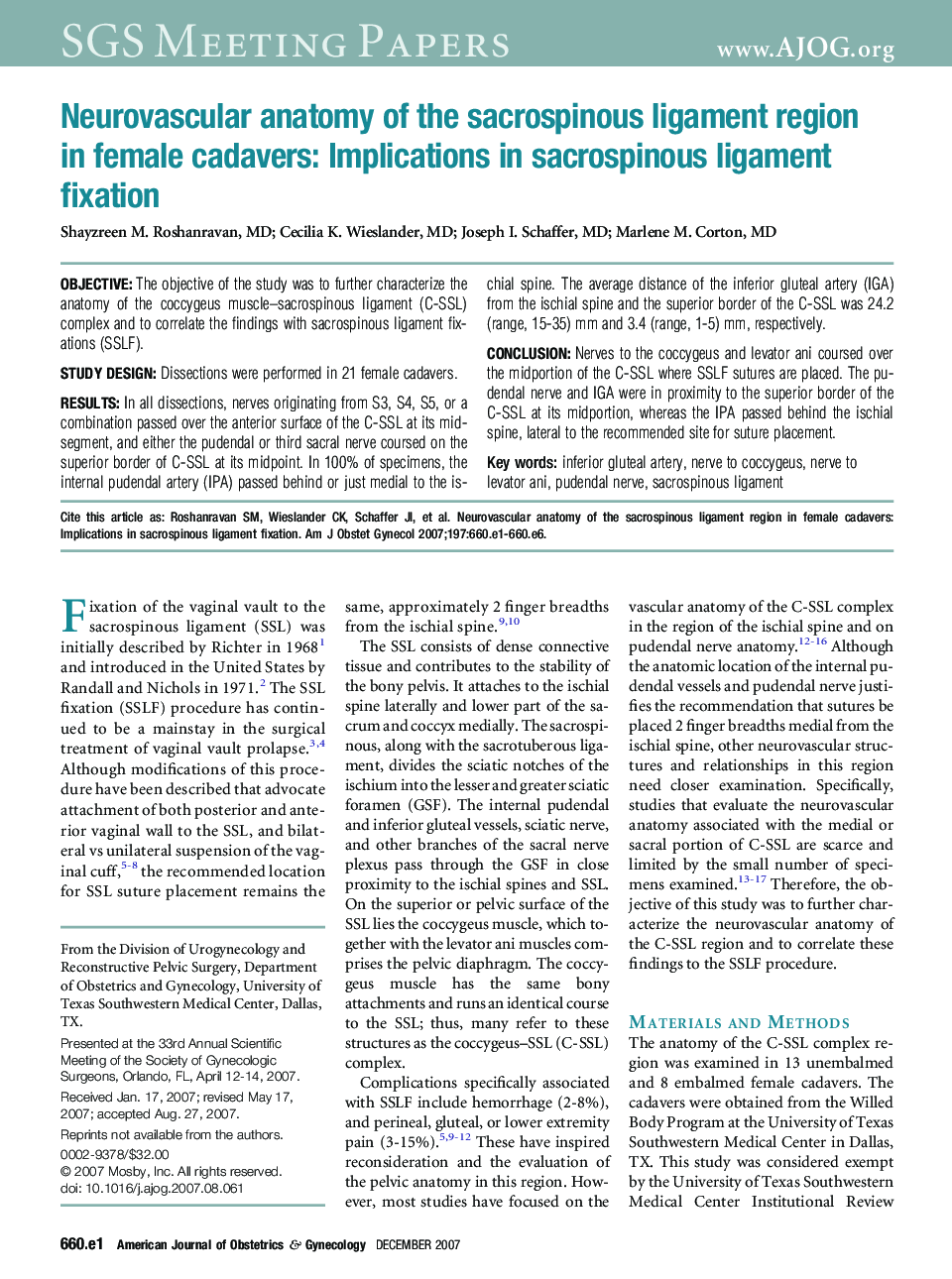 Neurovascular anatomy of the sacrospinous ligament region in female cadavers: Implications in sacrospinous ligament fixation