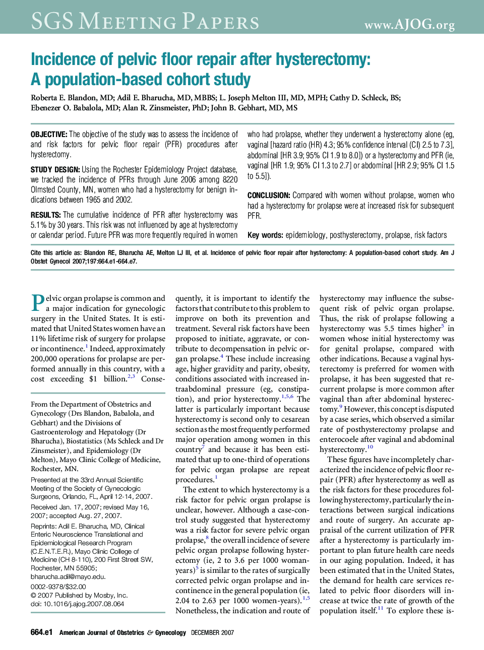 Incidence of pelvic floor repair after hysterectomy: A population-based cohort study