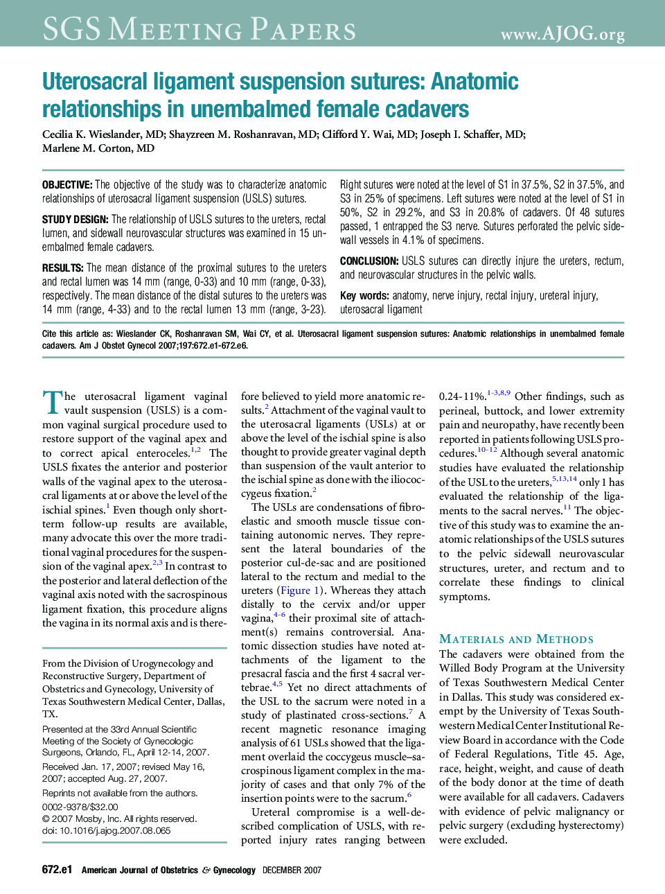 Uterosacral ligament suspension sutures: Anatomic relationships in unembalmed female cadavers