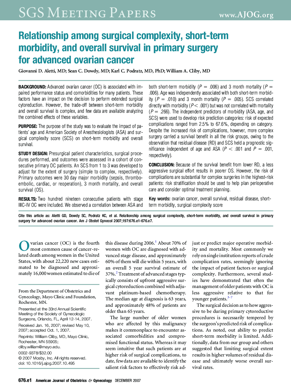 Relationship among surgical complexity, short-term morbidity, and overall survival in primary surgery for advanced ovarian cancer