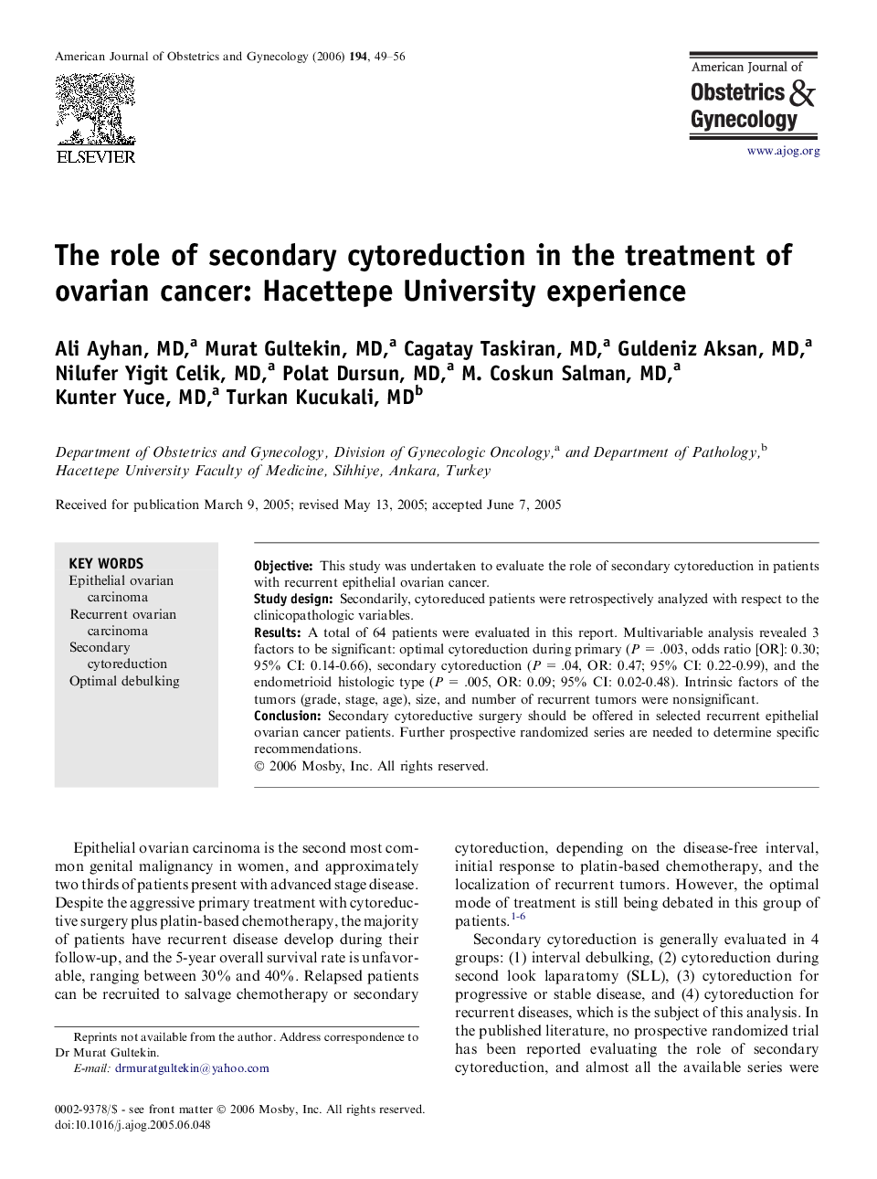 The role of secondary cytoreduction in the treatment of ovarian cancer: Hacettepe University experience 
