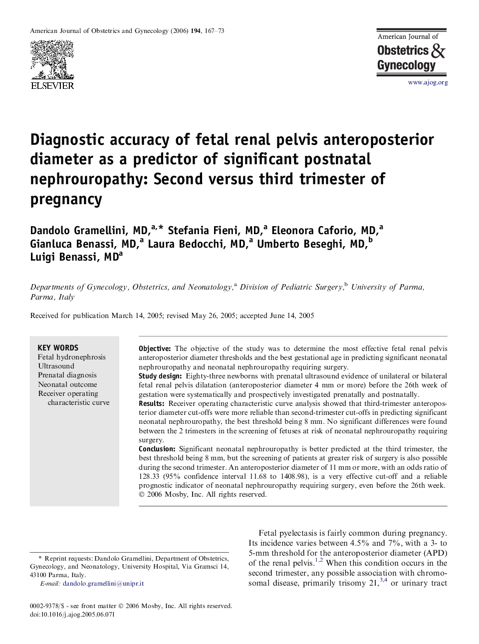 Diagnostic accuracy of fetal renal pelvis anteroposterior diameter as a predictor of significant postnatal nephrouropathy: Second versus third trimester of pregnancy