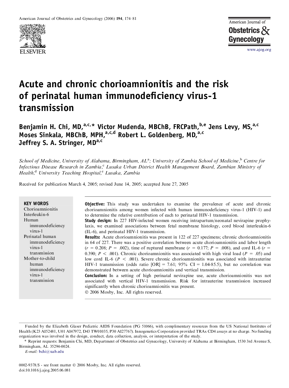 Acute and chronic chorioamnionitis and the risk of perinatal human immunodeficiency virus-1 transmission 