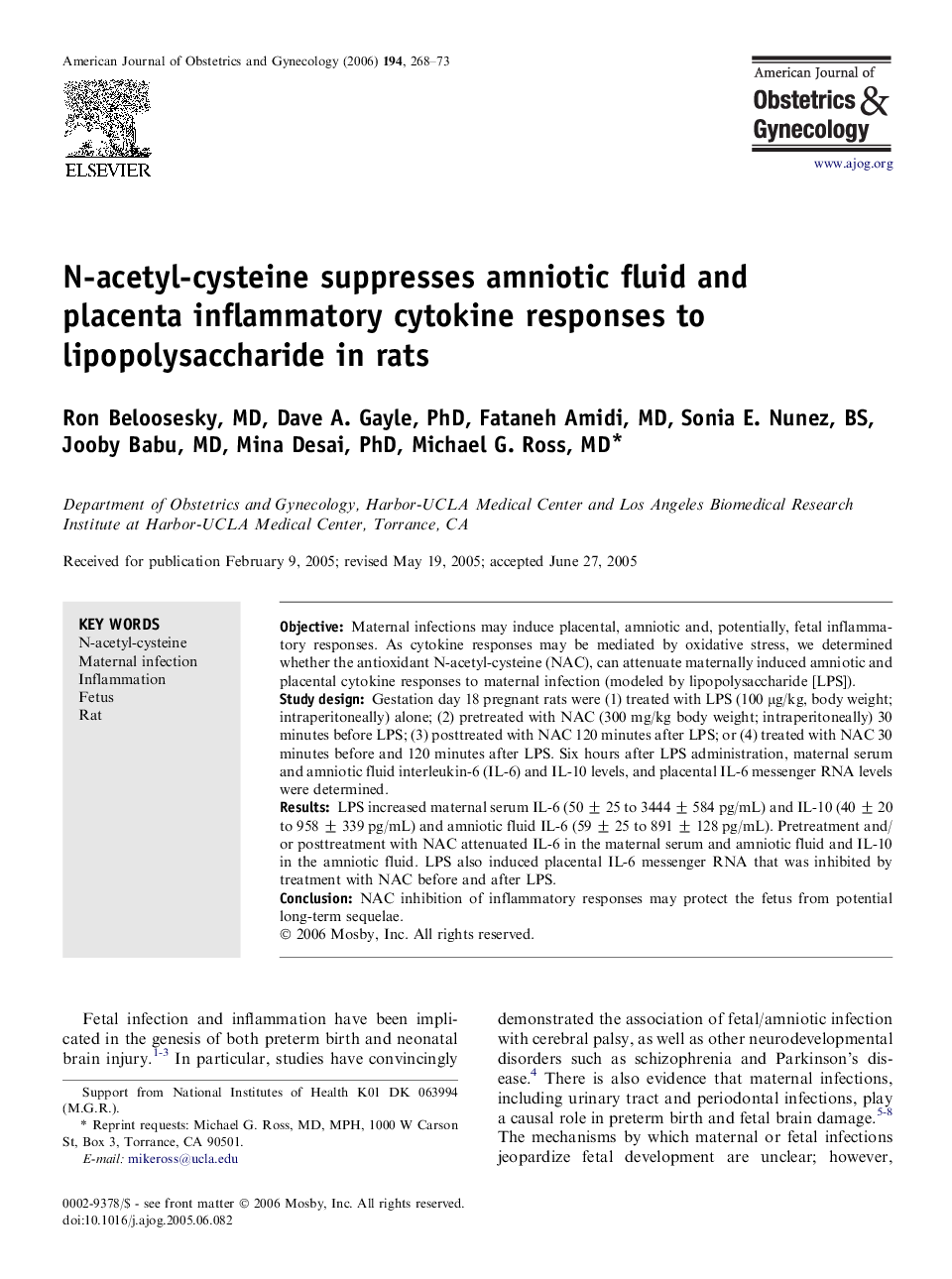 N-acetyl-cysteine suppresses amniotic fluid and placenta inflammatory cytokine responses to lipopolysaccharide in rats 