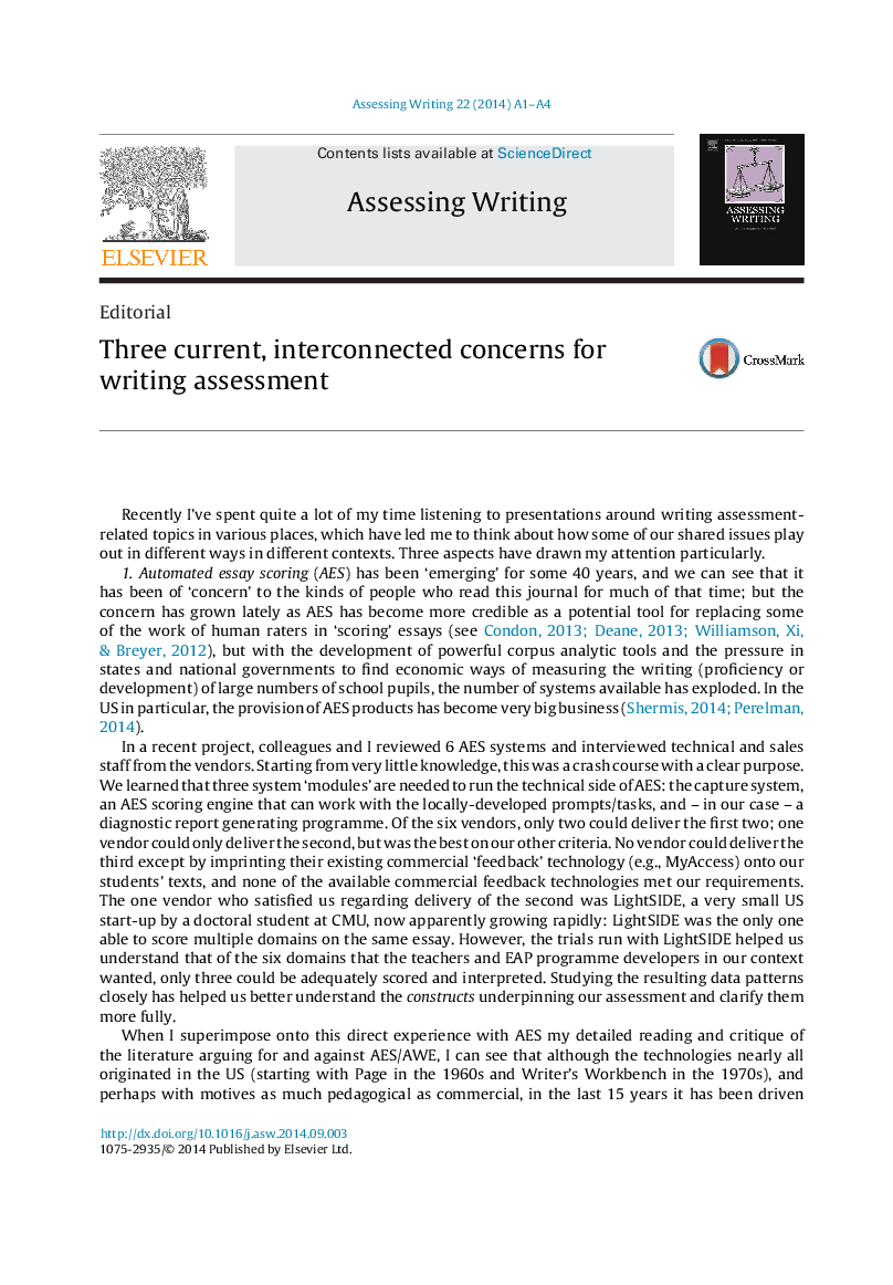 Three current, interconnected concerns for writing assessment