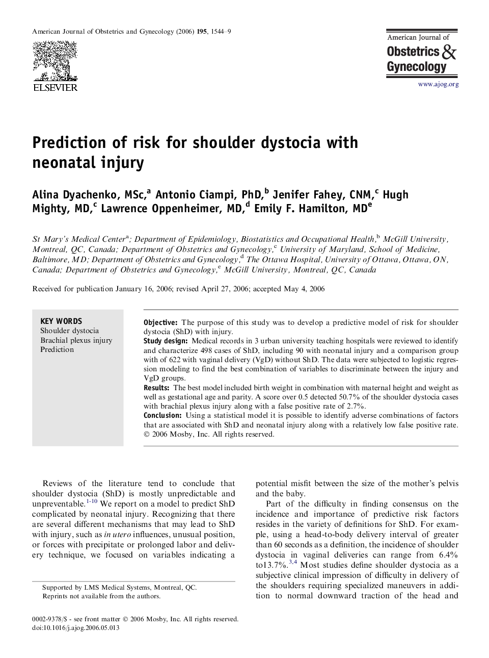 Prediction of risk for shoulder dystocia with neonatal injury 