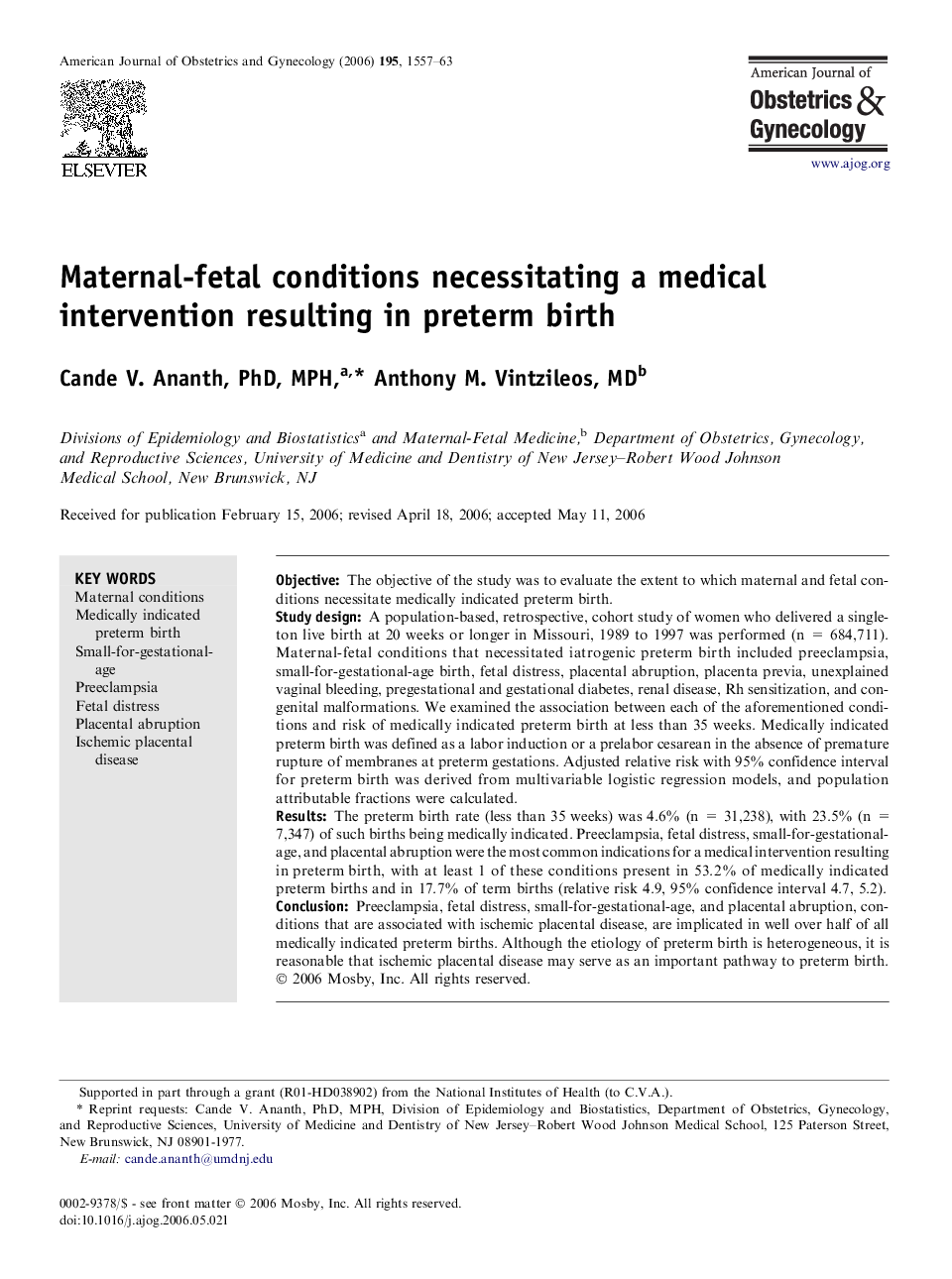 Maternal-fetal conditions necessitating a medical intervention resulting in preterm birth 