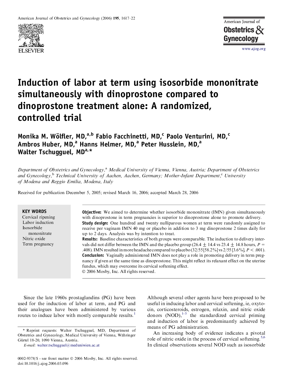 Induction of labor at term using isosorbide mononitrate simultaneously with dinoprostone compared to dinoprostone treatment alone: A randomized, controlled trial