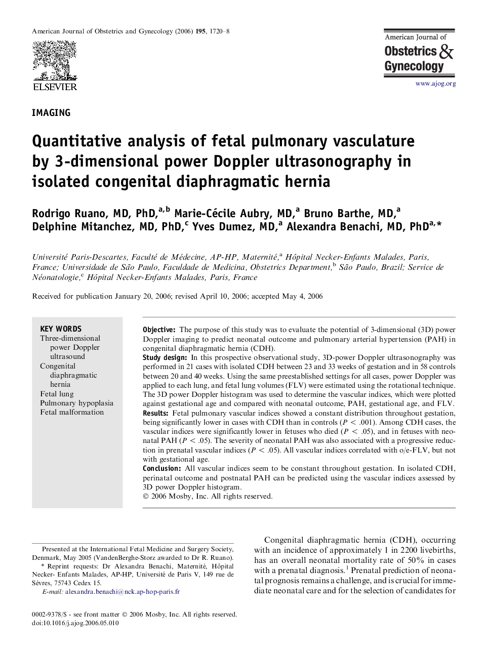 Quantitative analysis of fetal pulmonary vasculature by 3-dimensional power Doppler ultrasonography in isolated congenital diaphragmatic hernia 