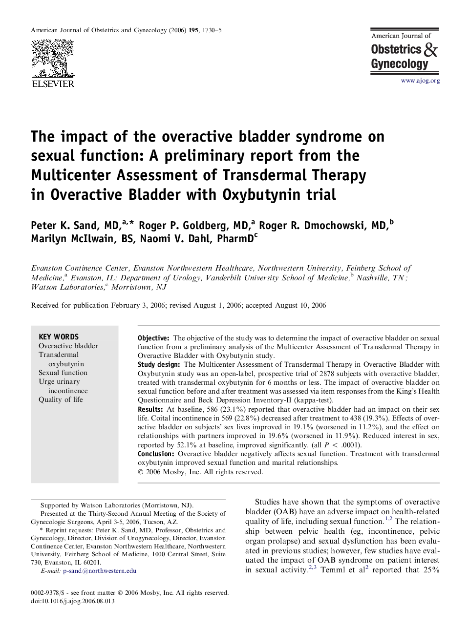 The impact of the overactive bladder syndrome on sexual function: A preliminary report from the Multicenter Assessment of Transdermal Therapy in Overactive Bladder with Oxybutynin trial 