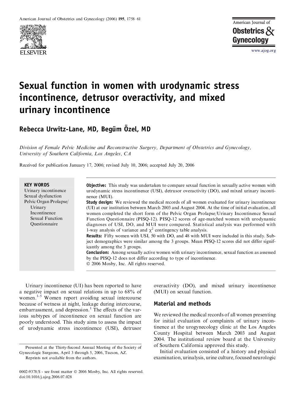 Sexual function in women with urodynamic stress incontinence, detrusor overactivity, and mixed urinary incontinence 