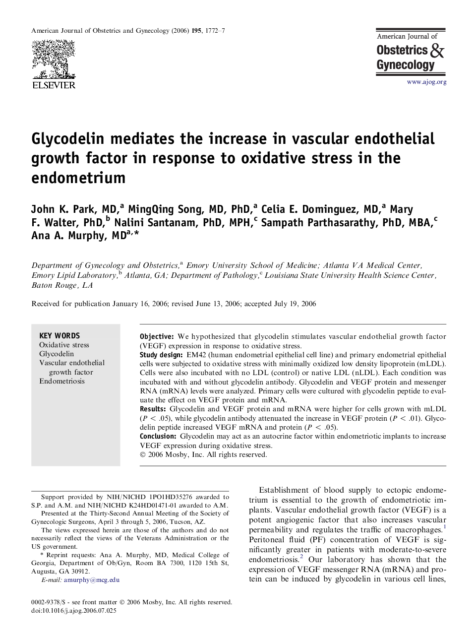 Glycodelin mediates the increase in vascular endothelial growth factor in response to oxidative stress in the endometrium 