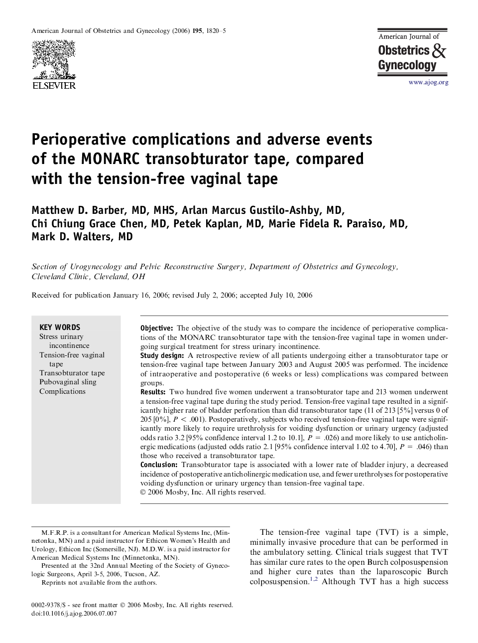 Perioperative complications and adverse events of the MONARC transobturator tape, compared with the tension-free vaginal tape 