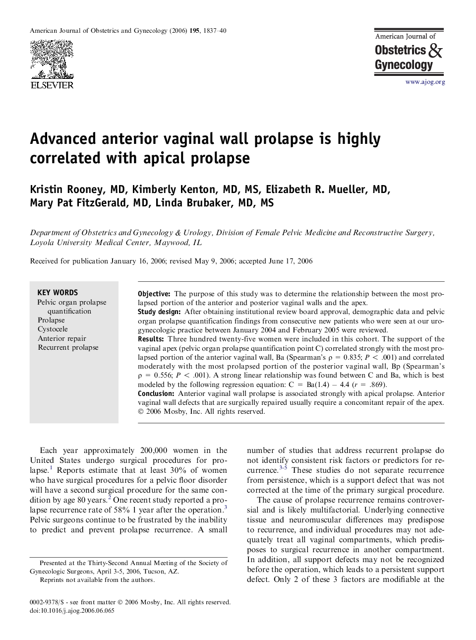 Advanced anterior vaginal wall prolapse is highly correlated with apical prolapse 